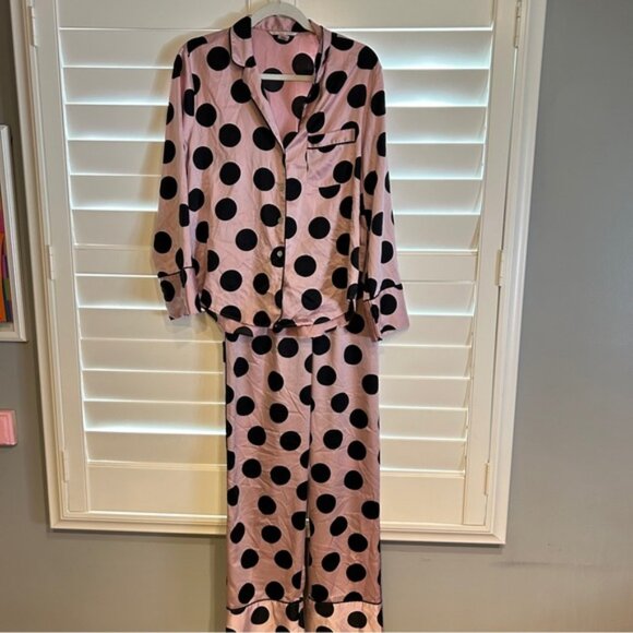 Victoria’s Secret Polka Dot Button Front Satin Pajamas Pink Black Size Small - Picture 1 of 3